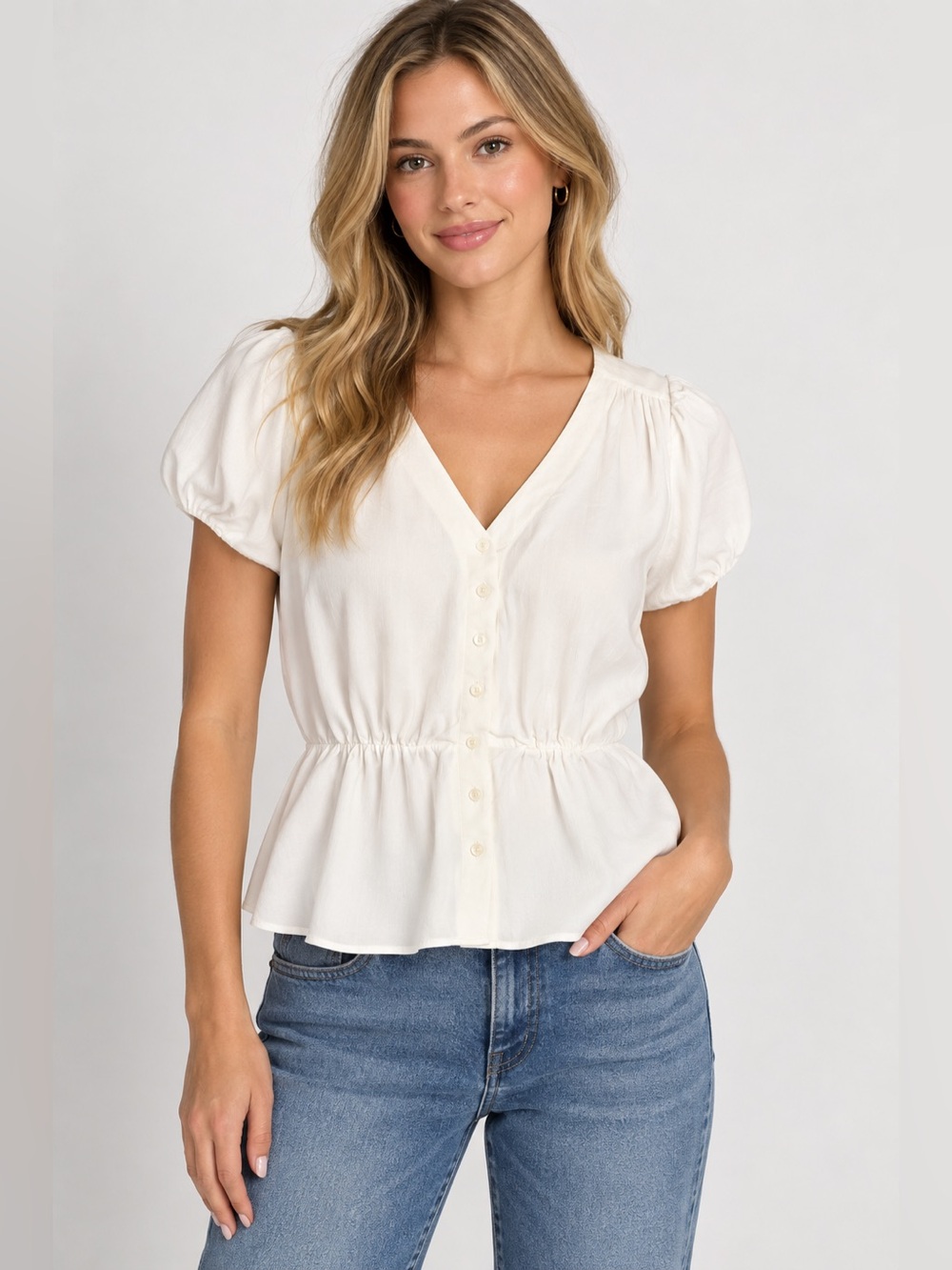 J.Crew Classic Soft Cream Button Front Peplum Blouse M